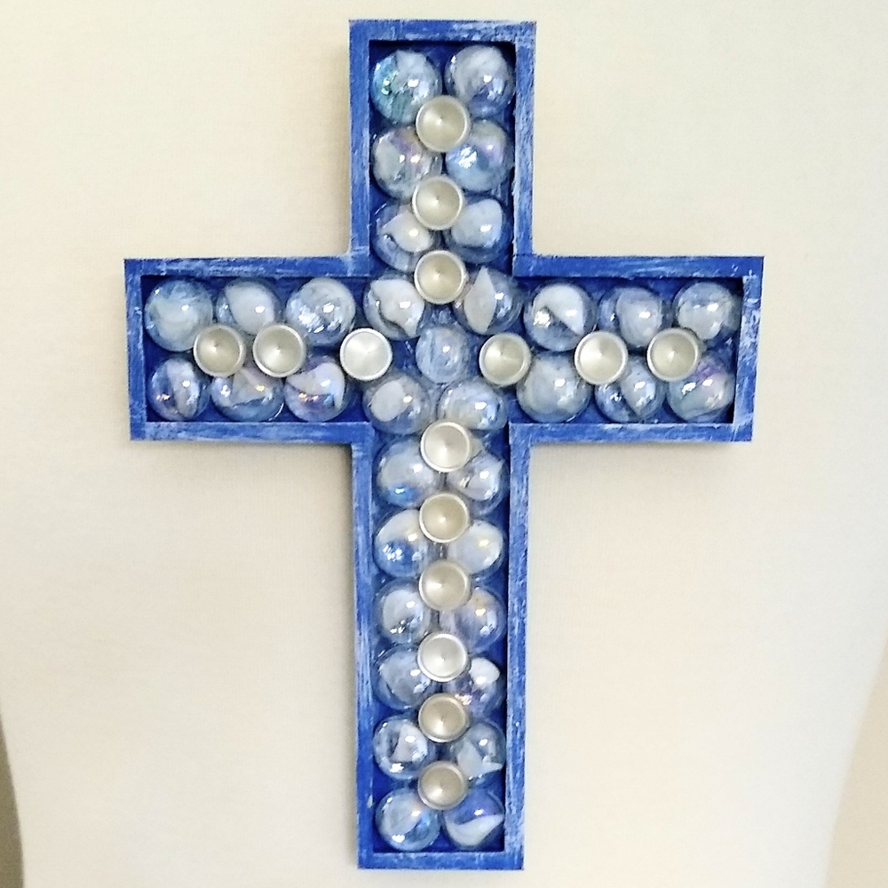 Hand Crafted embellished wood cross, blue/white. Decorative cross.